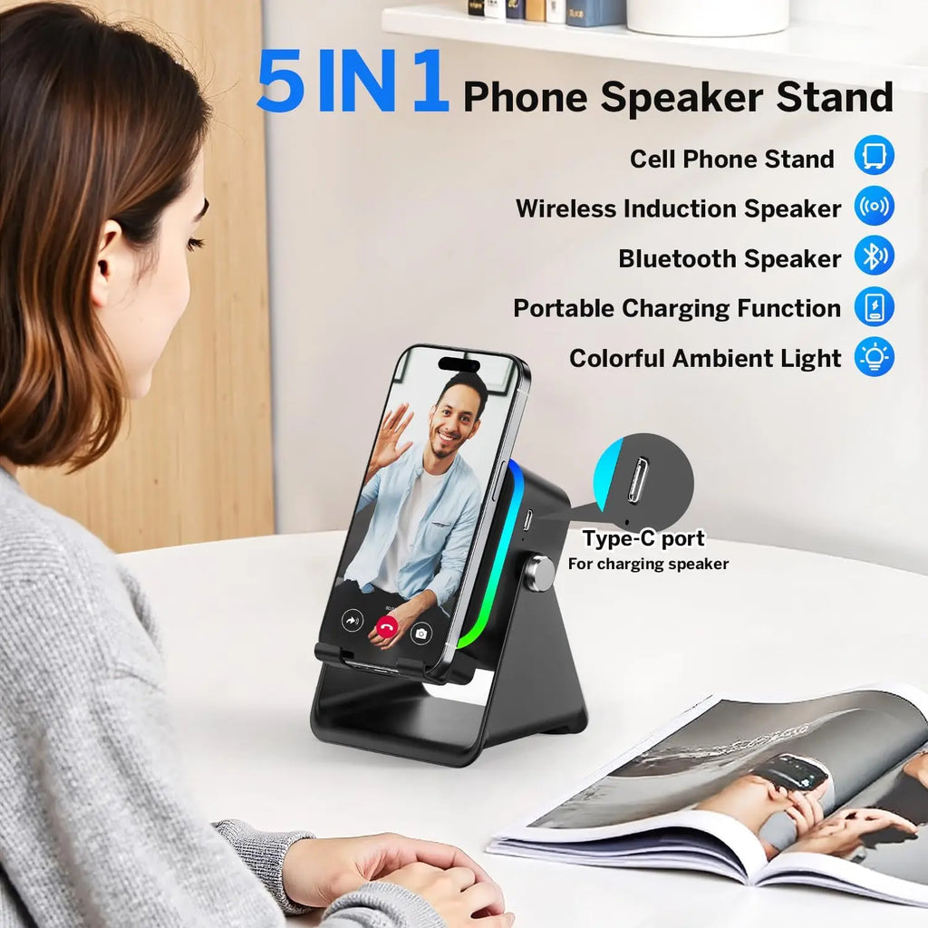 5 In 1 Auto-induction Wireless Induction Speaker 8 RGB Light Phone Stand Surround Sound Portable Bluetooth Phone Holder