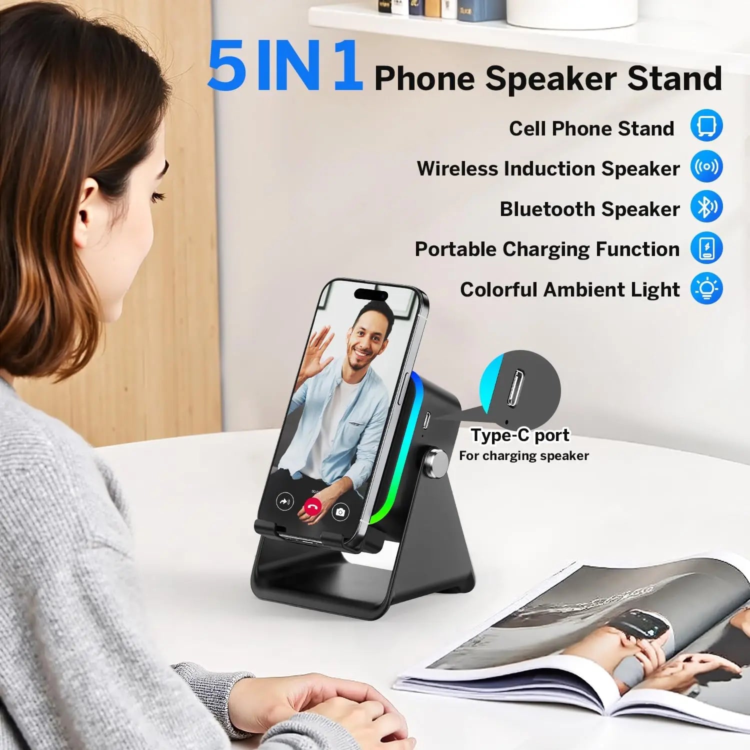 5 In 1 Auto-induction Wireless Induction Speaker 8 RGB Light Phone Stand Surround Sound Portable Bluetooth Phone Holder